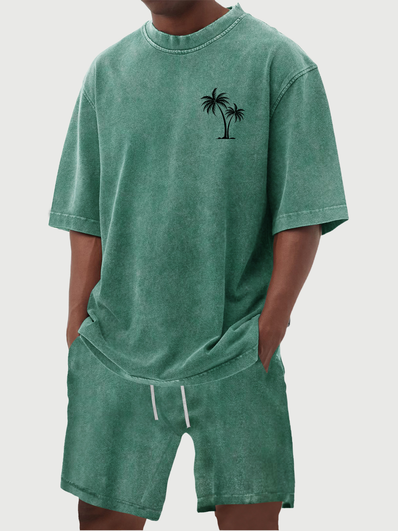 Men's 100% Cotton Vintage Distressed Washed Coconut Tree Print Short Sleeved Shirt Shorts Set