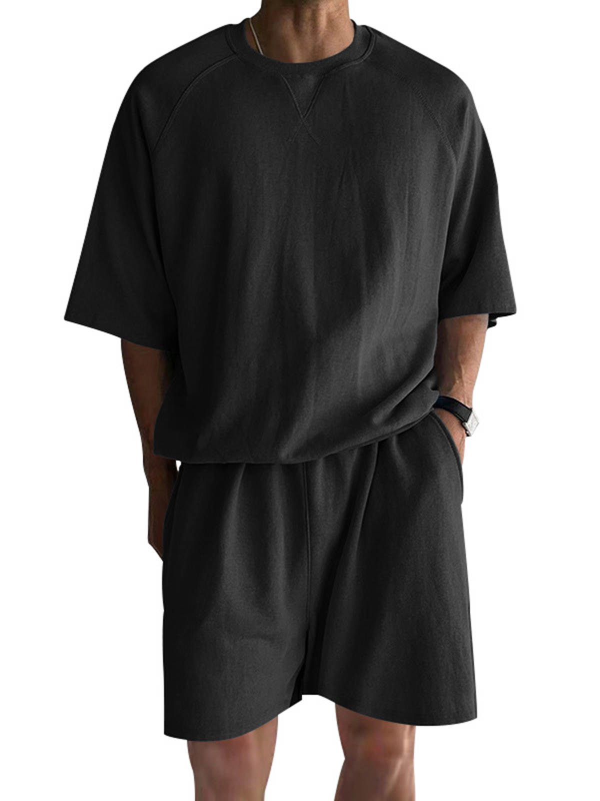 Men's Stylish Cotton Suit Crew Neck Raglan Sleeve Short-sleeved T-shirt and Shorts Daily Casual Two-piece Set