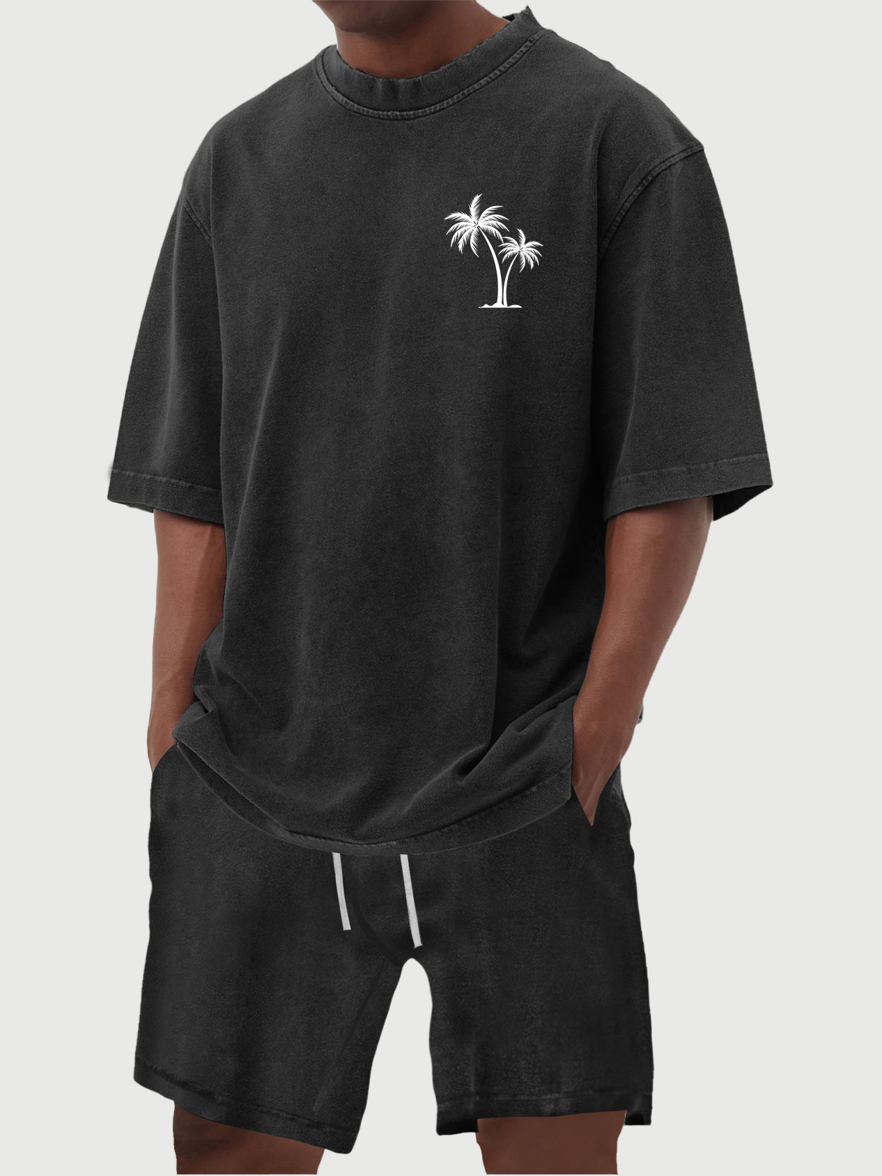 Men's 100% Cotton Vintage Distressed Washed Coconut Tree Print Short Sleeved Shirt Shorts Set