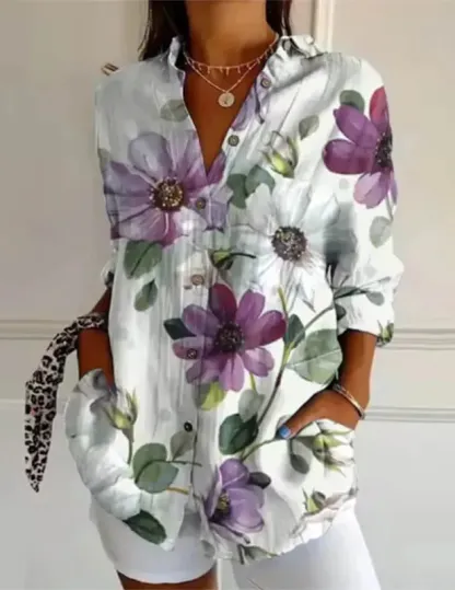 Women's Embroidered Floral Pattern Linen Blend Street Shirt