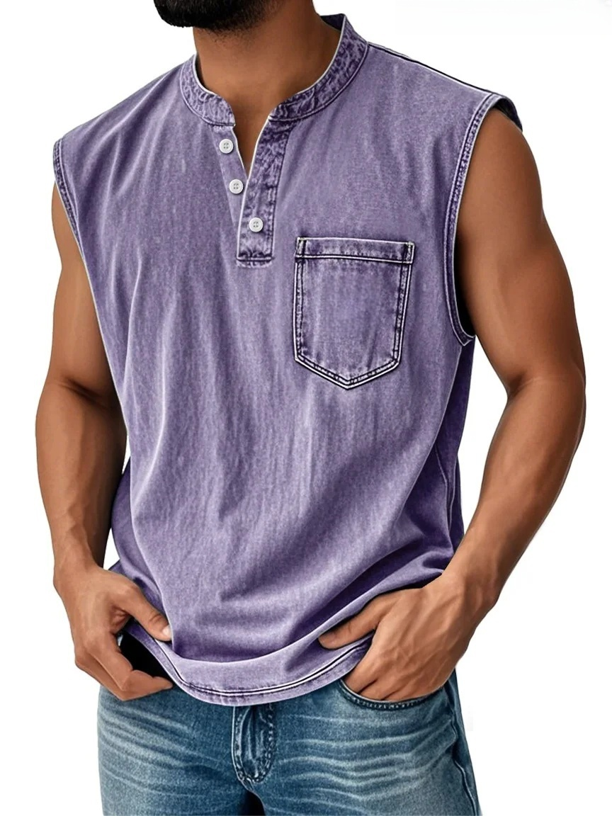 Carhartt Men's Vintage Stand Collar Casual Pocket Solid Color Sleeveless Henley Vest