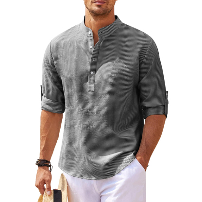 Men's Linen Henley Shirt Beach T Shirts Vertical Striped Hawaiian Shirts