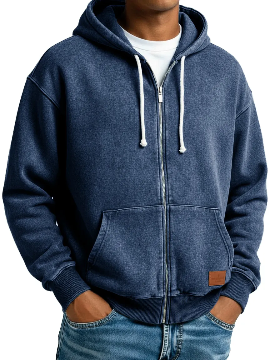 Men's Clothing Fashion Retro Vintage Embroidery Logo Leather Card Long-sleeved Cardigan Pocket Hoodie