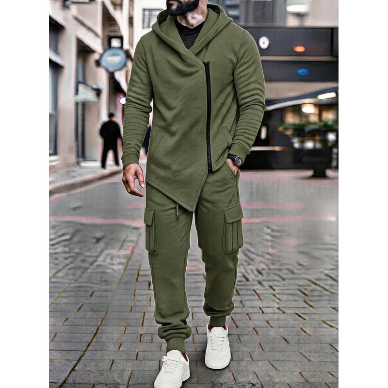 Men's Asymmetric Zip Hooded Cargo Jogger Set