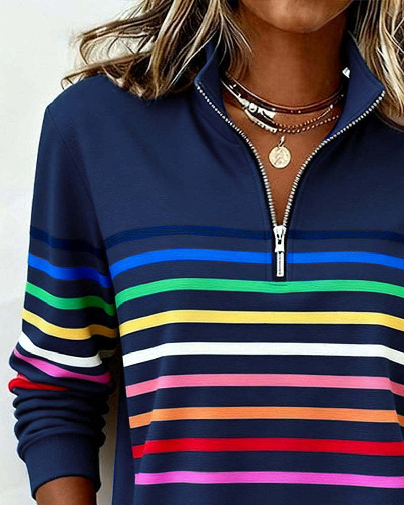 Mode Half-Zip Sweatshirt with Bold Rainbow Stripes