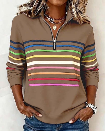 Mode Half-Zip Sweatshirt with Bold Rainbow Stripes