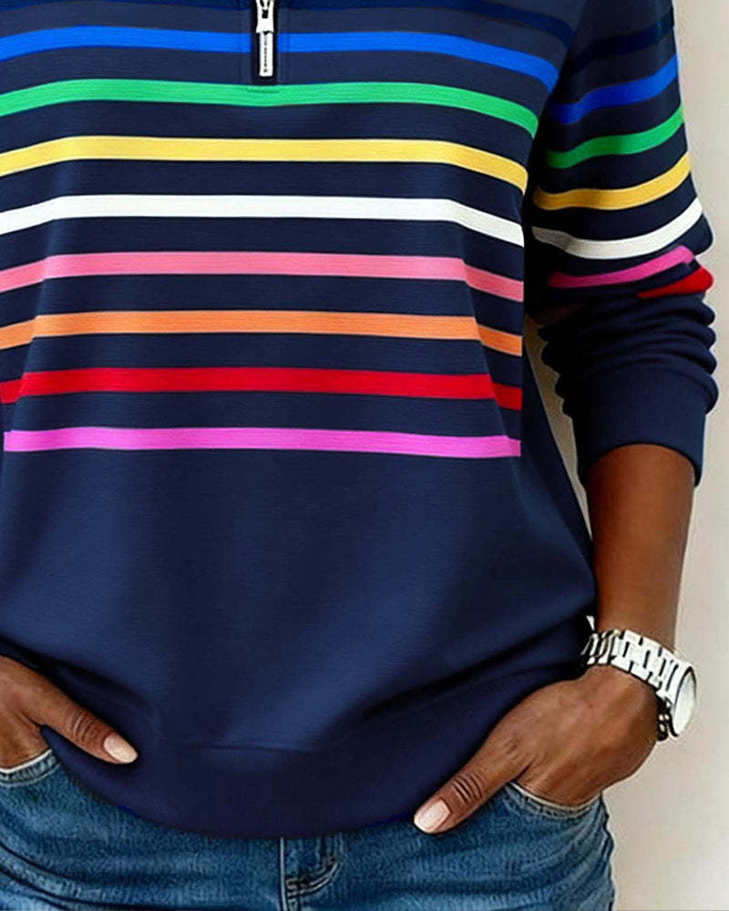 Mode Half-Zip Sweatshirt with Bold Rainbow Stripes