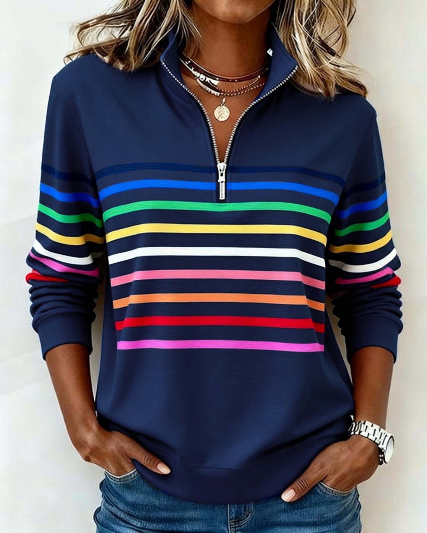 Mode Half-Zip Sweatshirt with Bold Rainbow Stripes