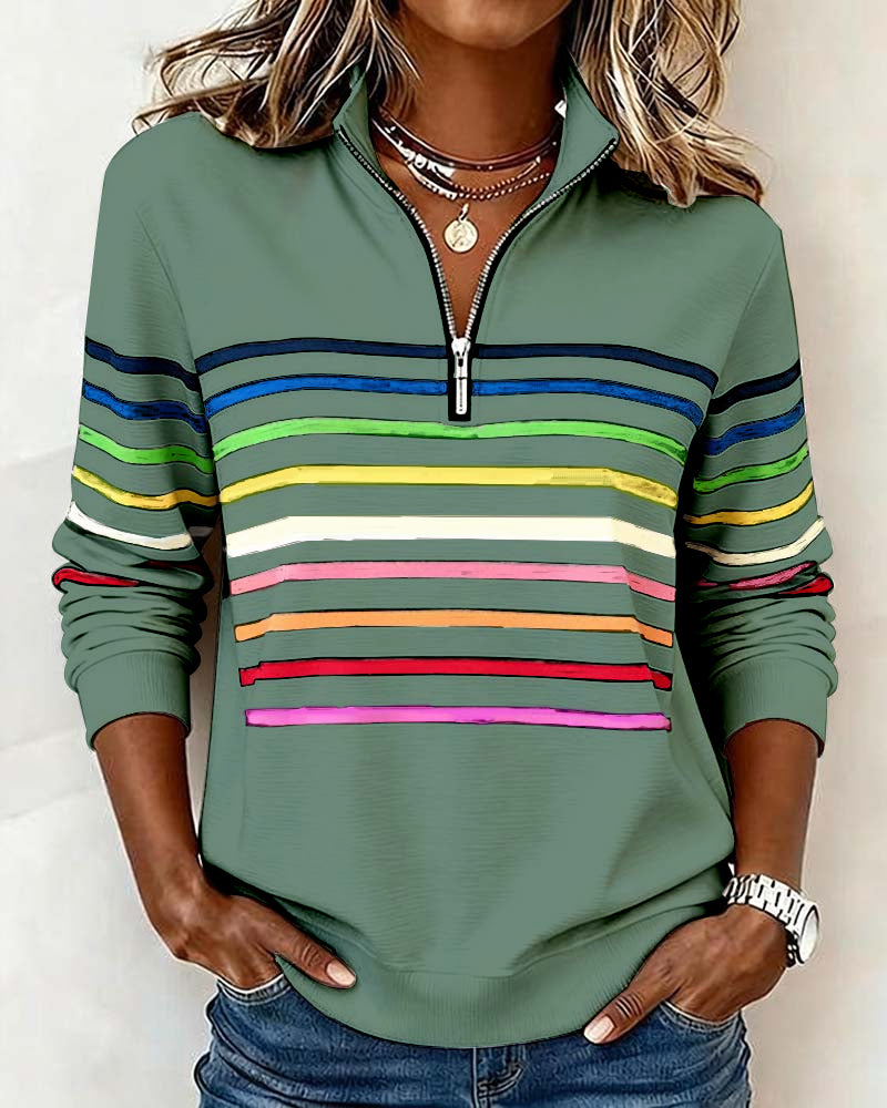 Mode Half-Zip Sweatshirt with Bold Rainbow Stripes