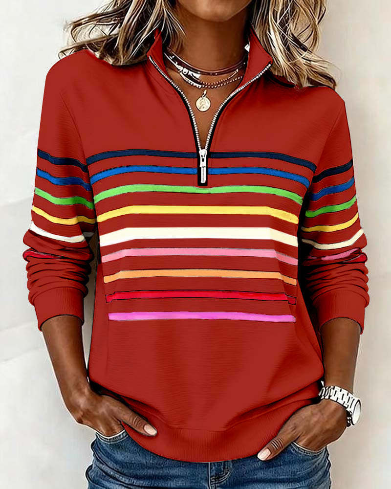 Mode Half-Zip Sweatshirt with Bold Rainbow Stripes