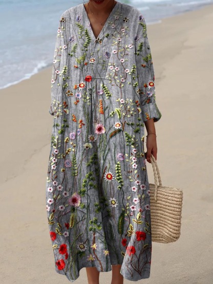 Women's Vintage Lovely Floral Art Print Cotton Dress