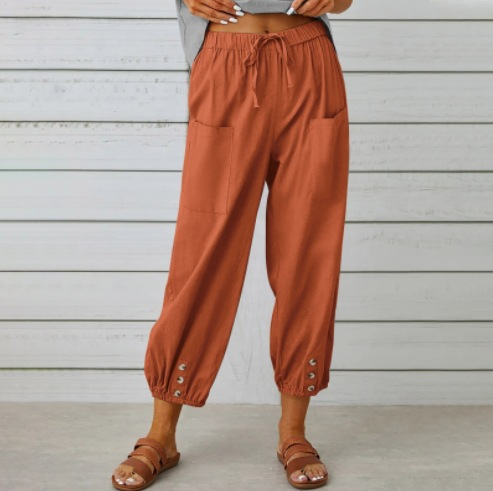 Solid Color Casual With Pocket Buttons Cotton Linen Trousers