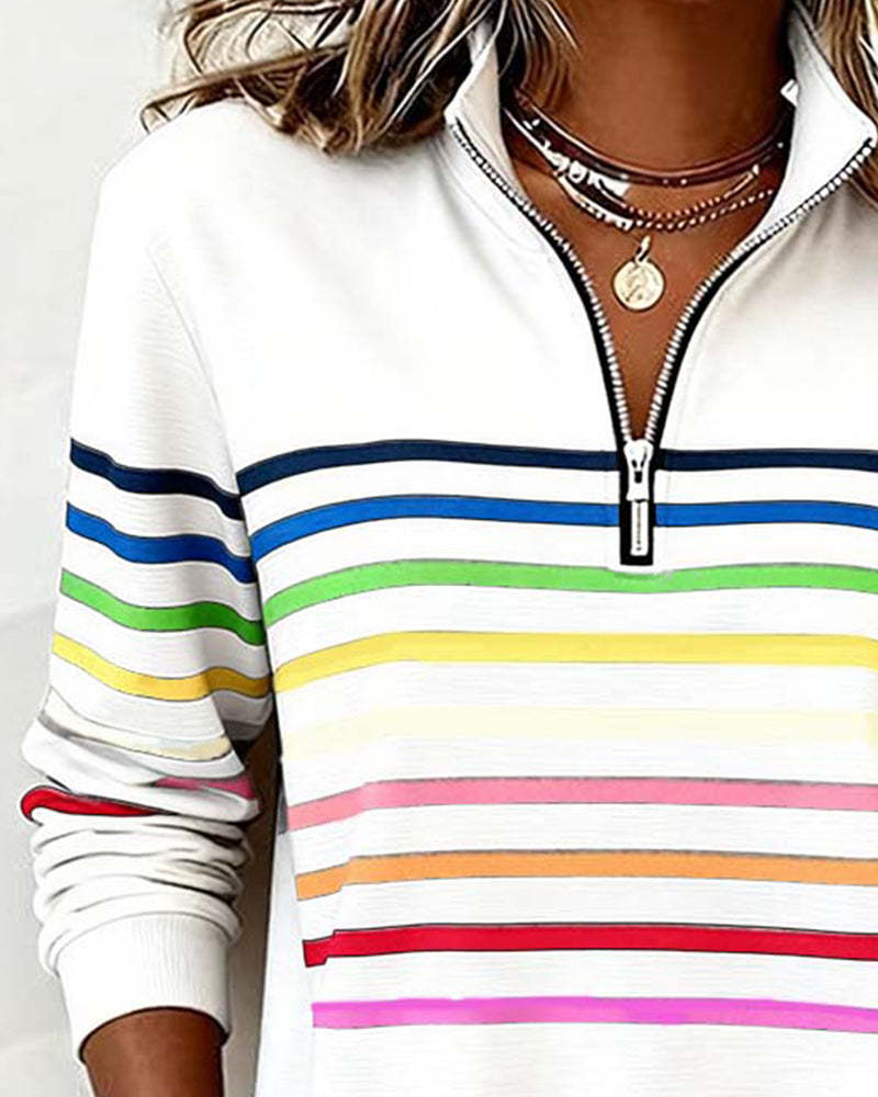 Mode Half-Zip Sweatshirt with Bold Rainbow Stripes