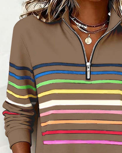 Mode Half-Zip Sweatshirt with Bold Rainbow Stripes