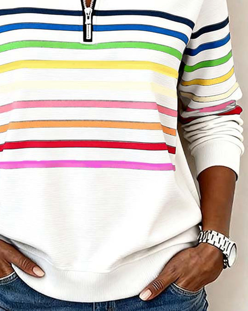 Mode Half-Zip Sweatshirt with Bold Rainbow Stripes