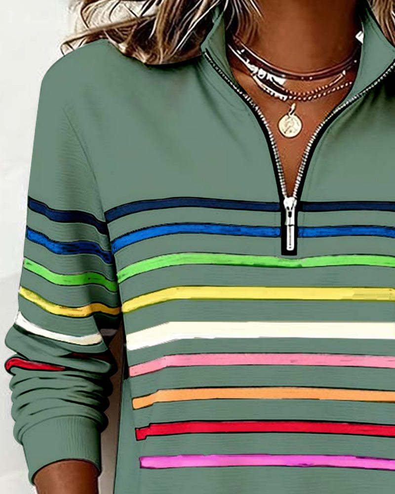 Mode Half-Zip Sweatshirt with Bold Rainbow Stripes