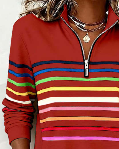 Mode Half-Zip Sweatshirt with Bold Rainbow Stripes