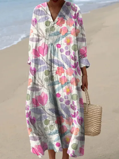 Women's Vintage Lovely Floral Art Print Cotton Dress