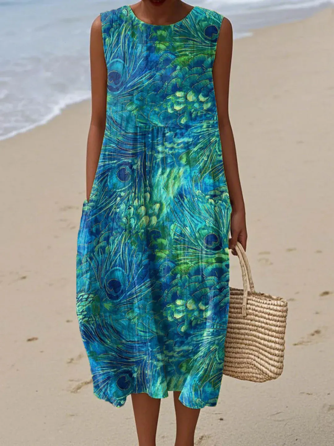 Women's Vintage Floral Pattern Art Print Sleeveless Pocket Wrap Dress