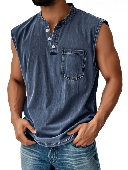 Carhartt Men's Vintage Stand Collar Casual Pocket Solid Color Sleeveless Henley Vest