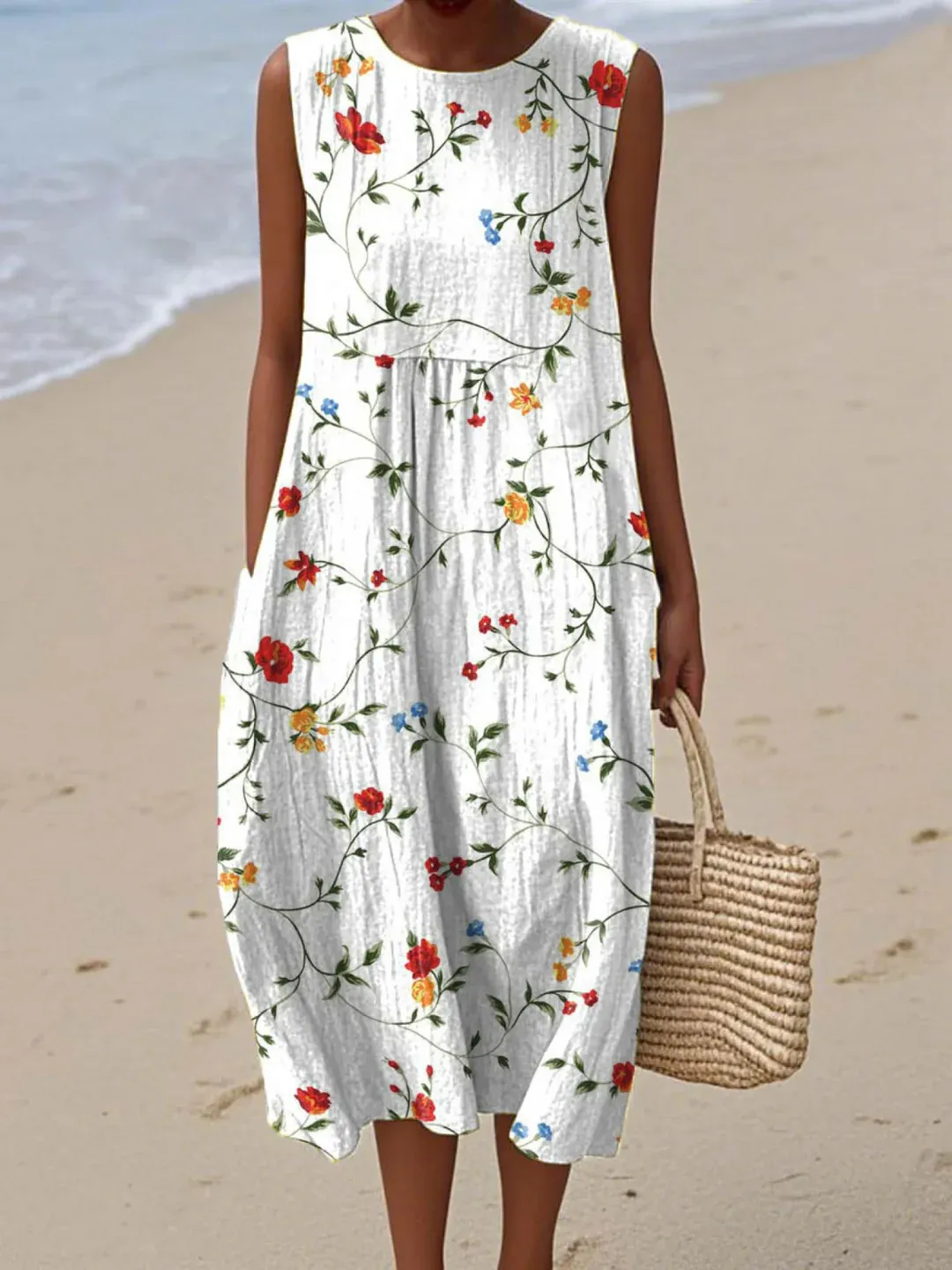 Women's Vintage Floral Pattern Art Print Sleeveless Pocket Wrap Dress