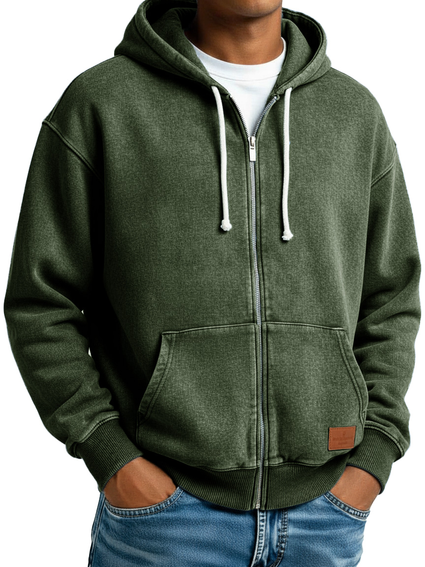Men's Clothing Fashion Retro Vintage Embroidery Logo Leather Card Long-sleeved Cardigan Pocket Hoodie