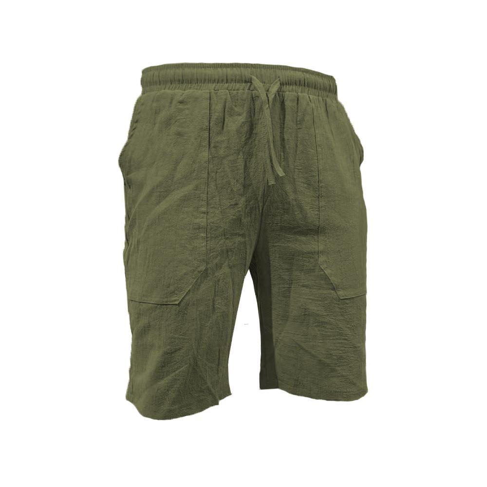 Men's summer cotton linen shorts draw rope elastic waist straight legs