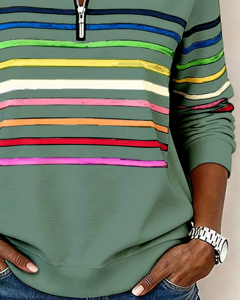 Mode Half-Zip Sweatshirt with Bold Rainbow Stripes