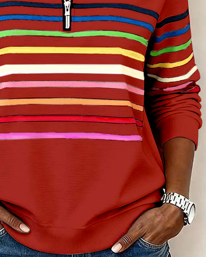 Mode Half-Zip Sweatshirt with Bold Rainbow Stripes