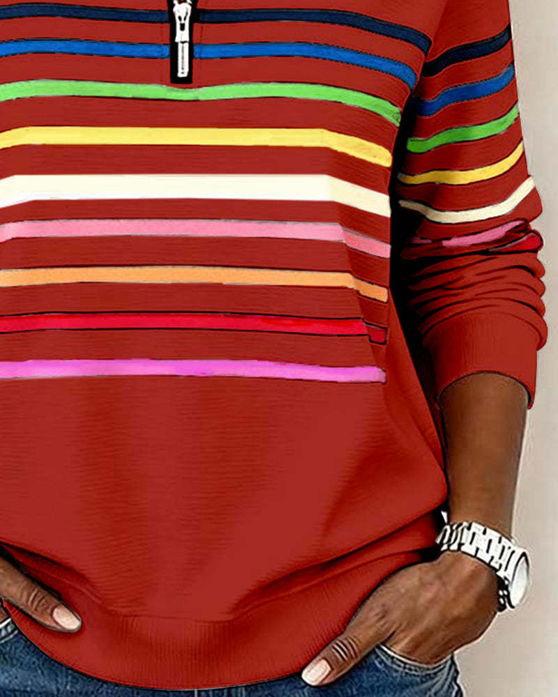Mode Half-Zip Sweatshirt with Bold Rainbow Stripes