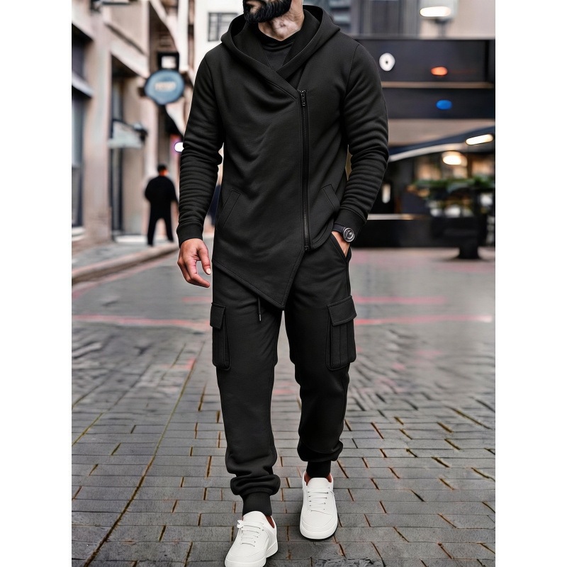 Men's Asymmetric Zip Hooded Cargo Jogger Set