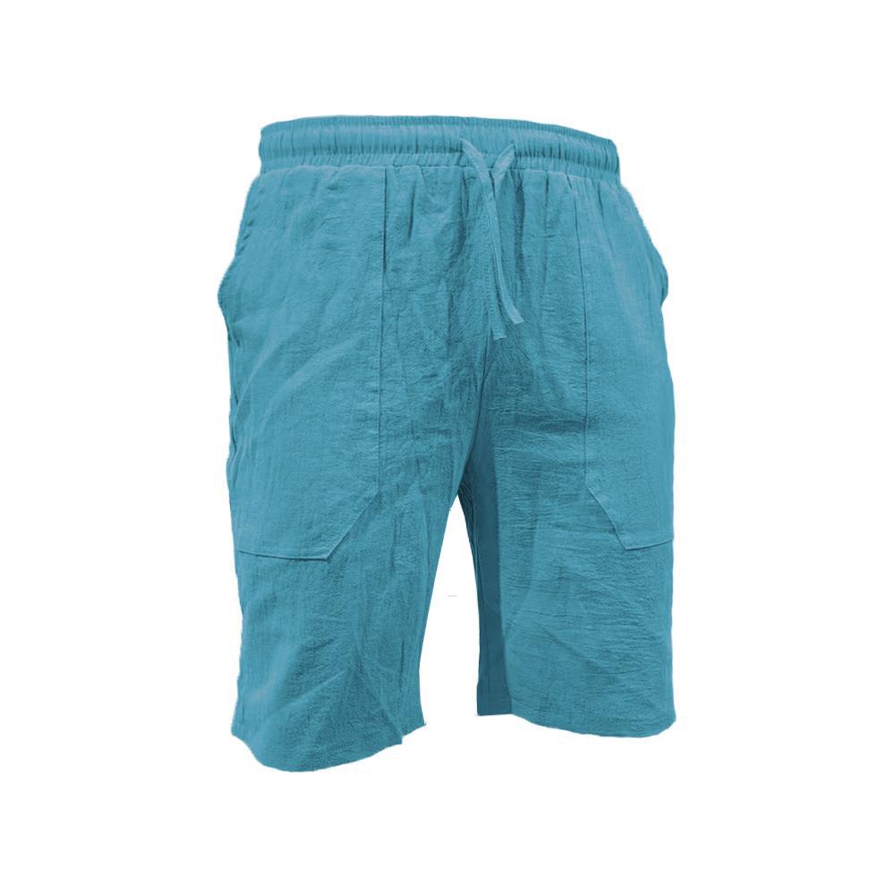 Men's summer cotton linen shorts draw rope elastic waist straight legs