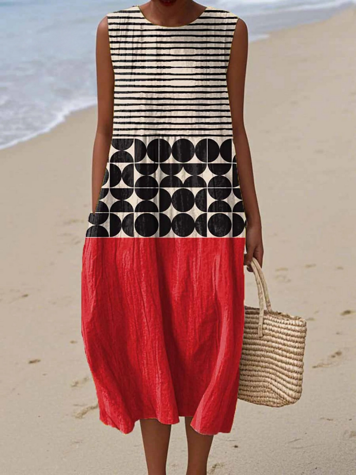 Women's Abstract Geometric Pattern Art Print Sleeveless Pocket Wrap Dress