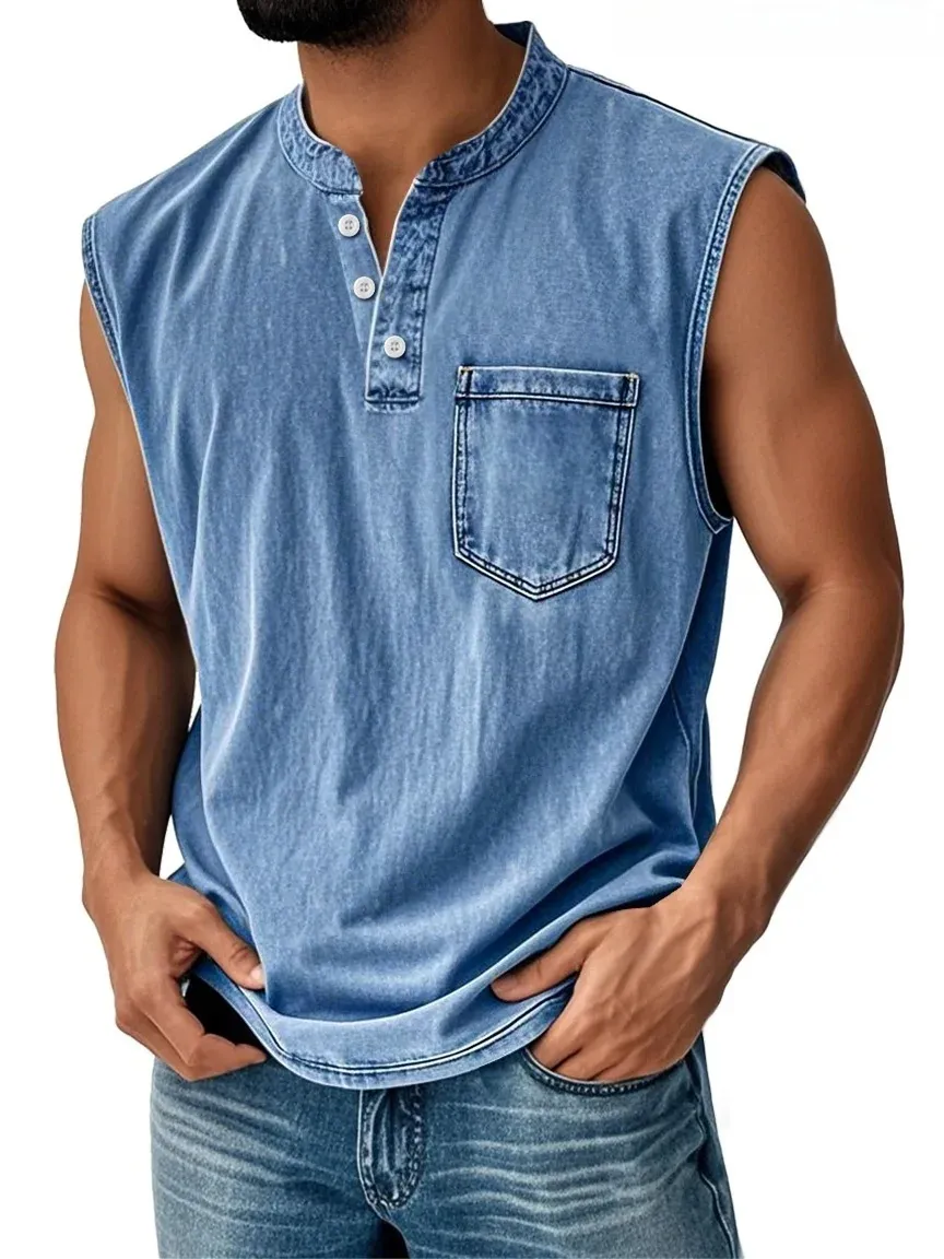 Carhartt Men's Vintage Stand Collar Casual Pocket Solid Color Sleeveless Henley Vest