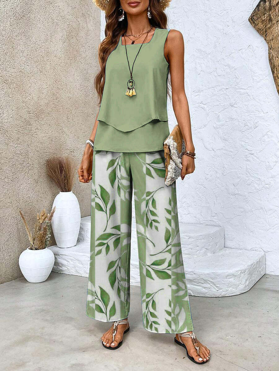 Green Plant Print Square Neck Two Piece Set