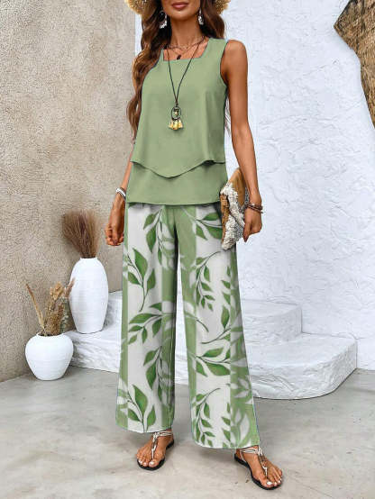 Green Plant Print Square Neck Two Piece Set