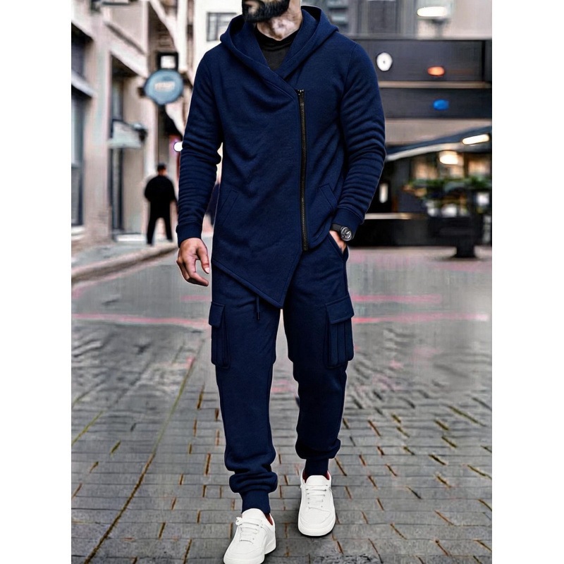 Men's Asymmetric Zip Hooded Cargo Jogger Set