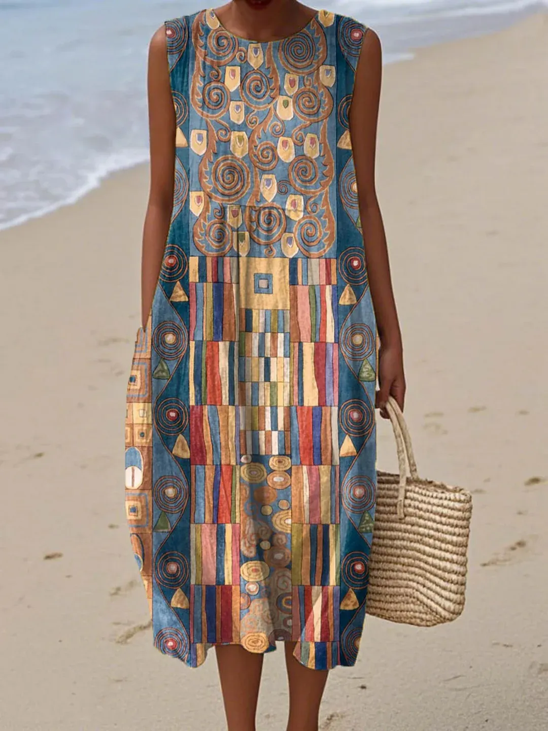 Women's Abstract Geometric Pattern Art Print Sleeveless Pocket Wrap Dress