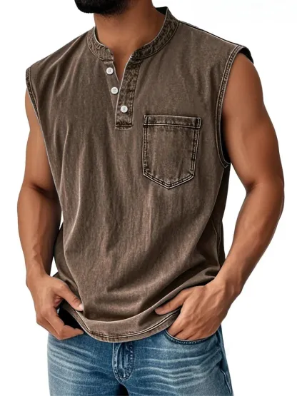 Carhartt Men's Vintage Stand Collar Casual Pocket Solid Color Sleeveless Henley Vest
