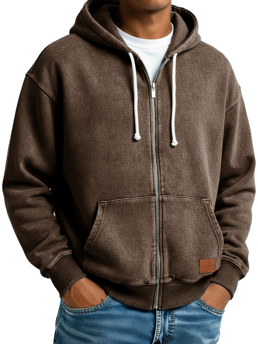 Men's Clothing Fashion Retro Vintage Embroidery Logo Leather Card Long-sleeved Cardigan Pocket Hoodie
