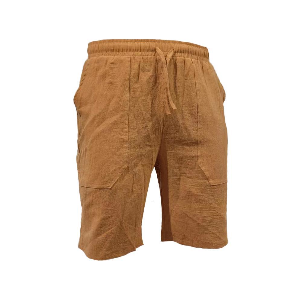 Men's summer cotton linen shorts draw rope elastic waist straight legs