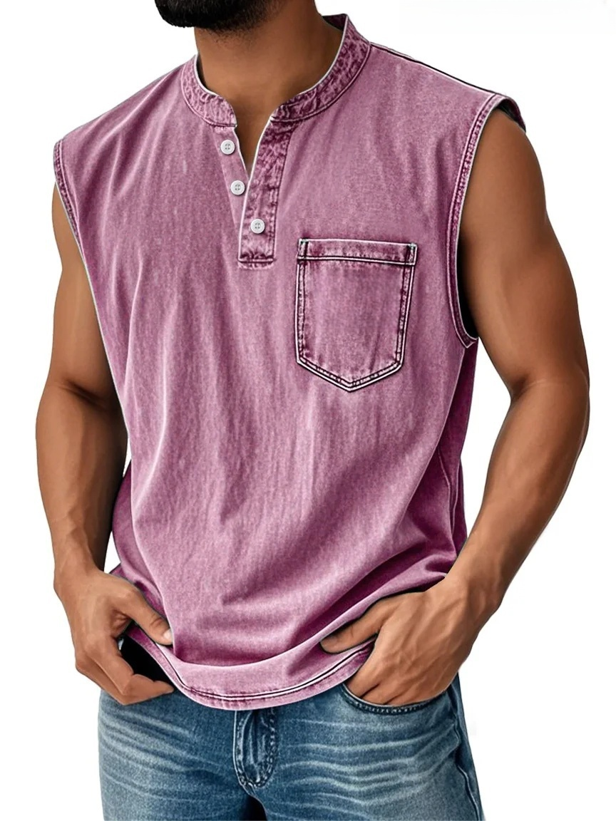 Carhartt Men's Vintage Stand Collar Casual Pocket Solid Color Sleeveless Henley Vest
