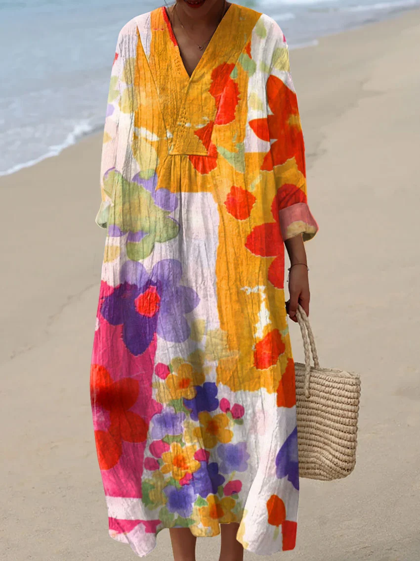 Women's Vintage Lovely Floral Art Print Cotton Dress