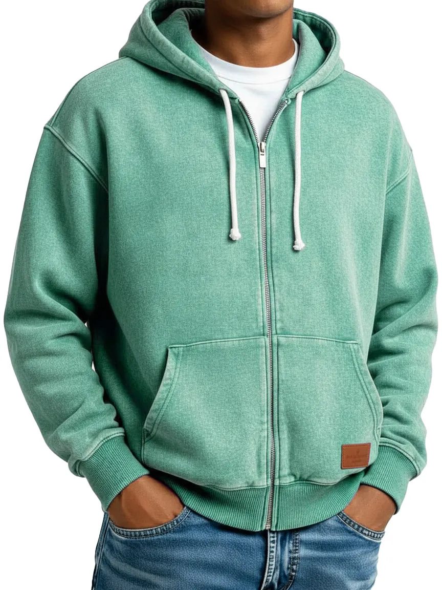 Men's Clothing Fashion Retro Vintage Embroidery Logo Leather Card Long-sleeved Cardigan Pocket Hoodie