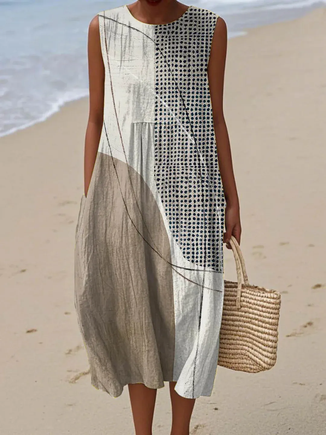 Women's Abstract Geometric Pattern Art Print Sleeveless Pocket Wrap Dress