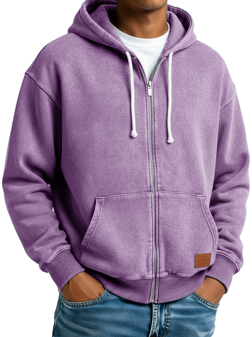 Men's Clothing Fashion Retro Vintage Embroidery Logo Leather Card Long-sleeved Cardigan Pocket Hoodie