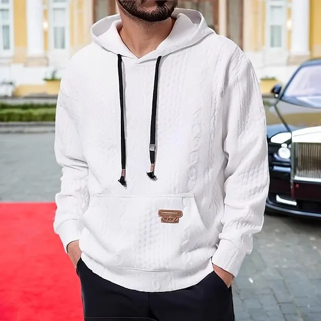 Men's Hoodie Black White Coffee Hooded Plain Jacquard Front Pocket Sports 