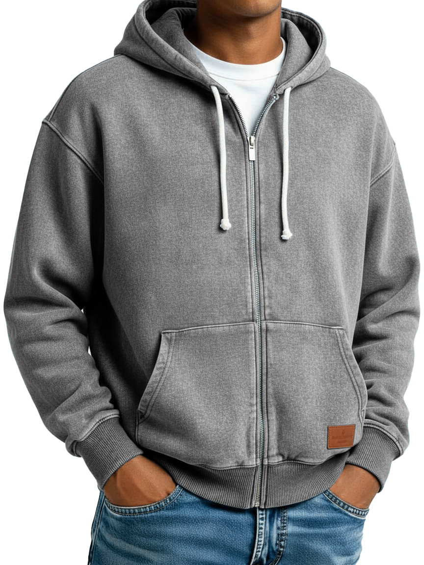 Men's Clothing Fashion Retro Vintage Embroidery Logo Leather Card Long-sleeved Cardigan Pocket Hoodie
