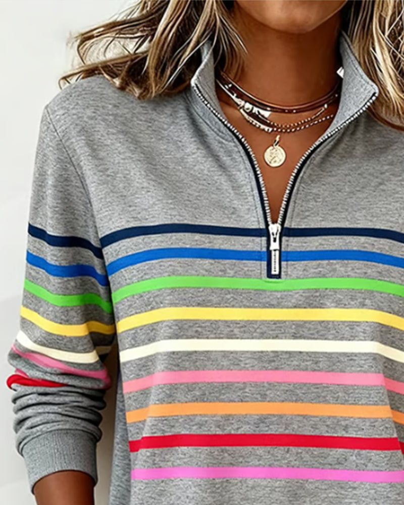 Mode Half-Zip Sweatshirt with Bold Rainbow Stripes
