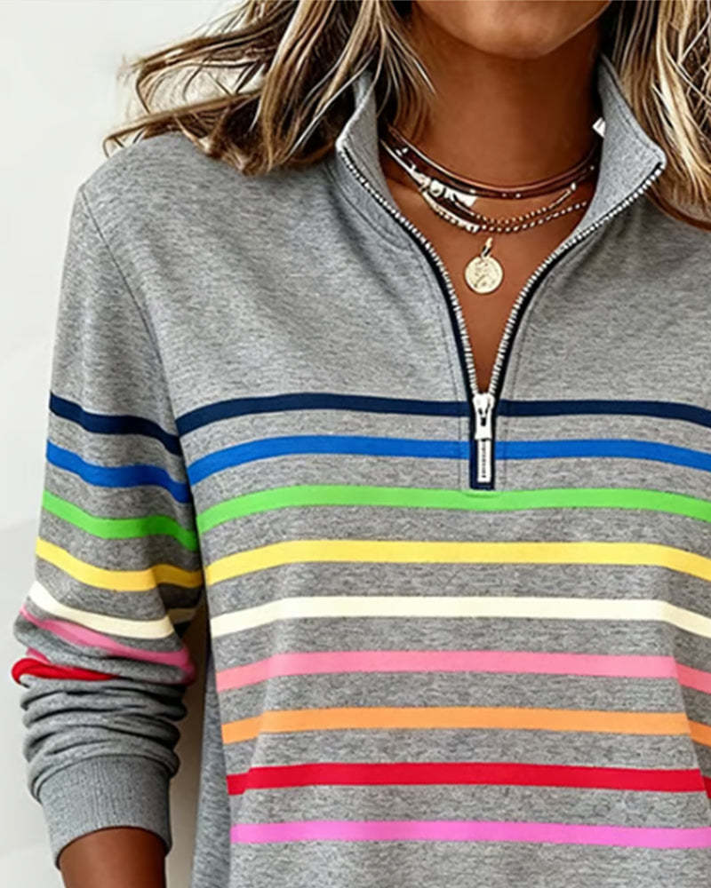 Mode Half-Zip Sweatshirt with Bold Rainbow Stripes